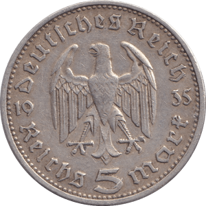 1935 FIVE MARK NAZI STATE - SILVER WORLD COINS - Cambridgeshire Coins