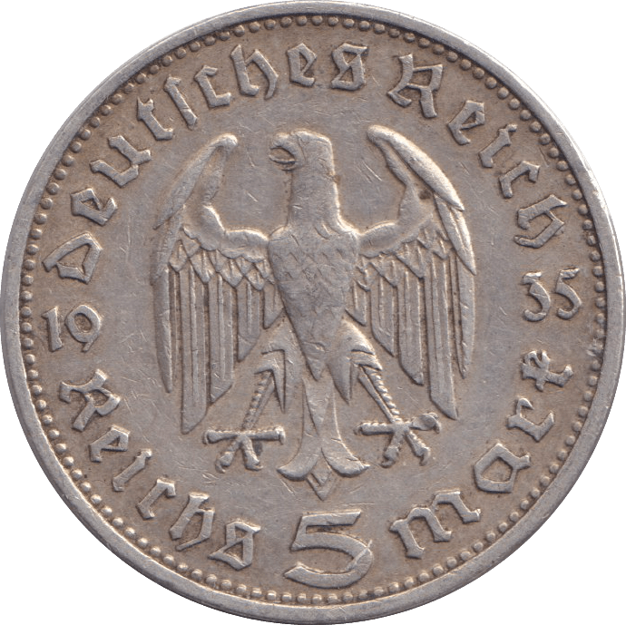 1935 FIVE MARK NAZI STATE - SILVER WORLD COINS - Cambridgeshire Coins