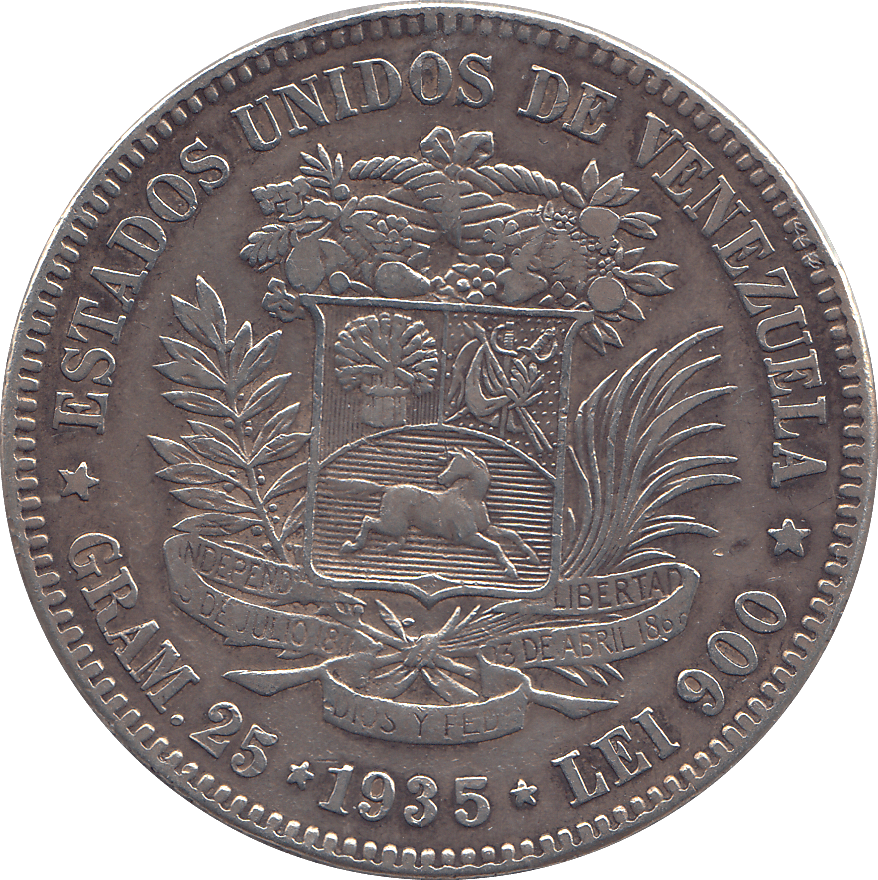 1935 SILVER LEI 900 VENEZUALA - SILVER WORLD COINS - Cambridgeshire Coins