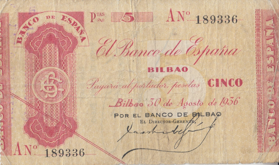 1936 5 PESTAS BANKNOTE SPAIN REF-1625 - WORLD BANKNOTES - Cambridgeshire Coins