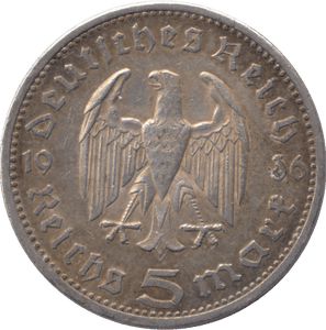 1936 GERMANY SILVER 5 MARKS - SILVER WORLD COINS - Cambridgeshire Coins