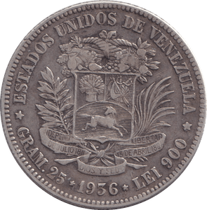 1936 SILVER 5 BOLIVARES VENEZUELA - SILVER WORLD COINS - Cambridgeshire Coins