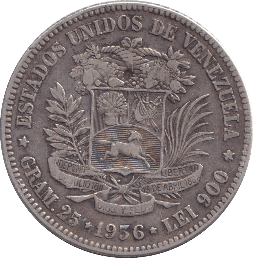 1936 SILVER 5 BOLIVARES VENEZUELA - SILVER WORLD COINS - Cambridgeshire Coins