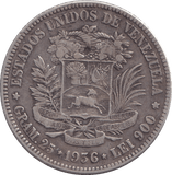 1936 SILVER 5 BOLIVARES VENEZUELA - SILVER WORLD COINS - Cambridgeshire Coins