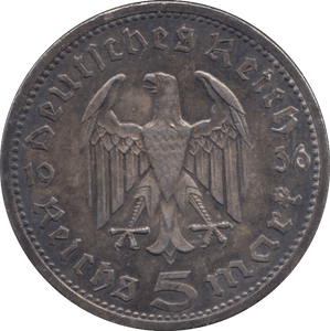 1936 SILVER 5 MARKS GERMANY - SILVER WORLD COINS - Cambridgeshire Coins