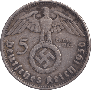 1936 SILVER 5 MARKS GERMANY - SILVER WORLD COINS - Cambridgeshire Coins