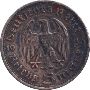1936 SILVER 5 MARKS GERMANY - SILVER WORLD COINS - Cambridgeshire Coins