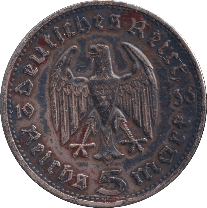 1936 SILVER 5 MARKS GERMANY - SILVER WORLD COINS - Cambridgeshire Coins
