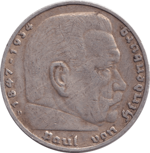1936 SILVER 5 REICHSMARK GERMANY - SILVER WORLD COINS - Cambridgeshire Coins