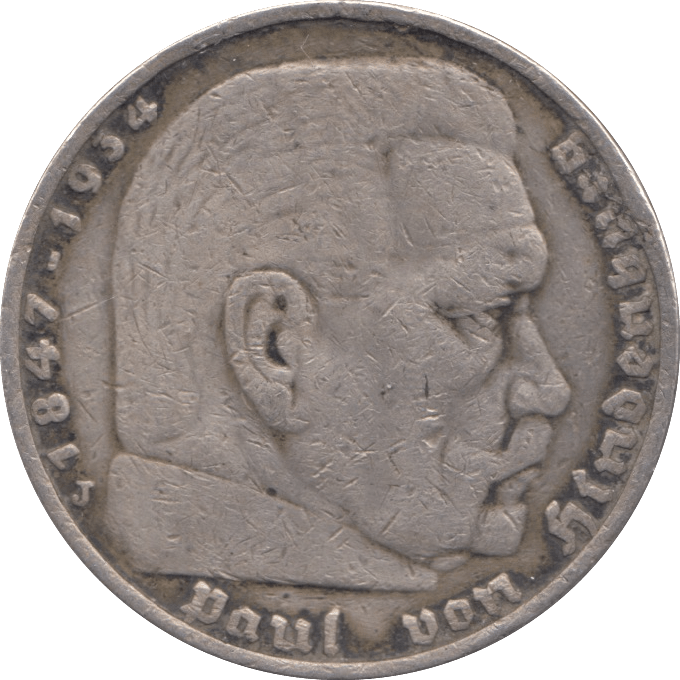 1936 SILVER FIVE MARK GERMANY - SILVER WORLD COINS - Cambridgeshire Coins