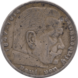 1936 SILVER FIVE MARK GERMANY - SILVER WORLD COINS - Cambridgeshire Coins