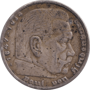 1936 SILVER FIVE MARK GERMANY - SILVER WORLD COINS - Cambridgeshire Coins