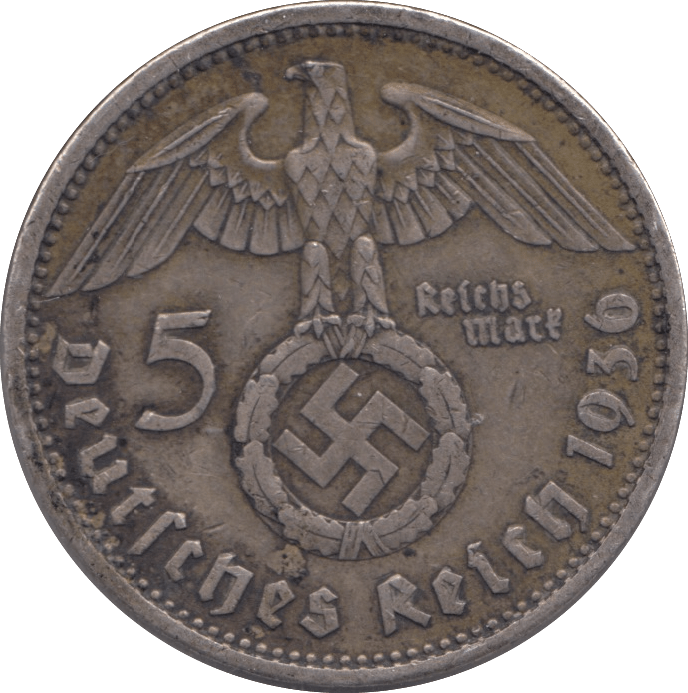 1936 SILVER FIVE MARK GERMANY - SILVER WORLD COINS - Cambridgeshire Coins