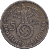 1936 SILVER FIVE MARK GERMANY - SILVER WORLD COINS - Cambridgeshire Coins