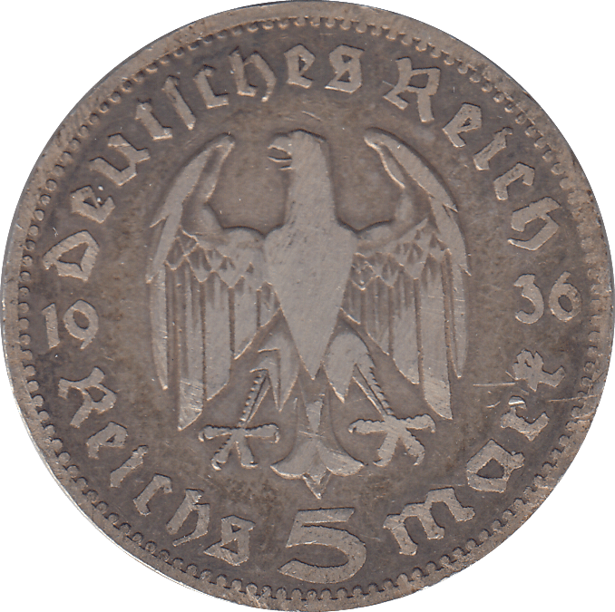 1936 SILVER GERMANY 5 MARK - SILVER WORLD COINS - Cambridgeshire Coins