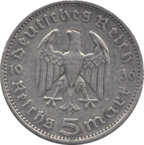 1936 SILVER GERMANY 5 MARKS - SILVER WORLD COINS - Cambridgeshire Coins