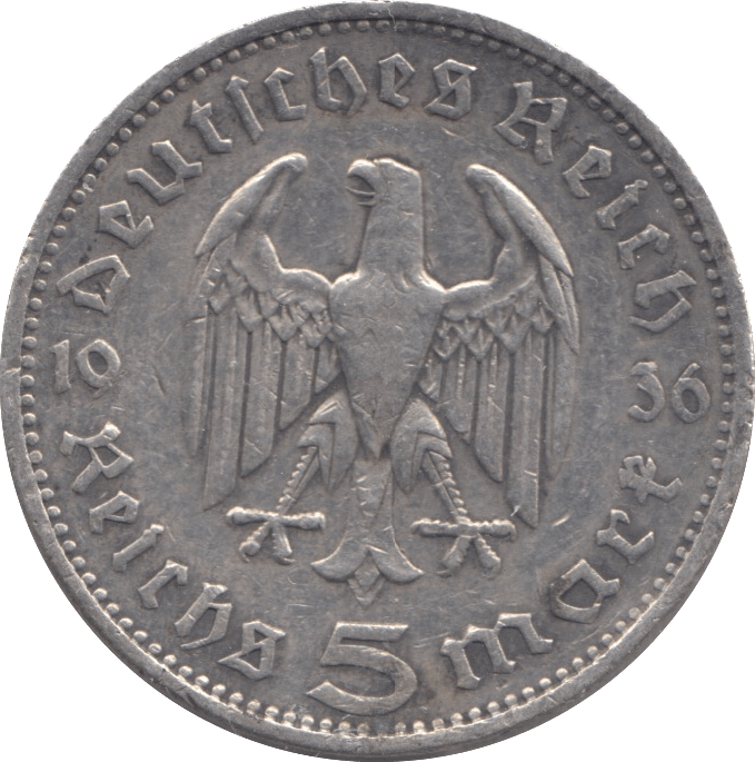 1936 SILVER GERMANY 5 MARKS - SILVER WORLD COINS - Cambridgeshire Coins