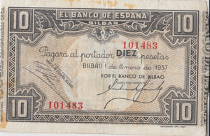 1937 10 PESTAS BANKNOTE SPAIN REF-1628 - WORLD BANKNOTES - Cambridgeshire Coins