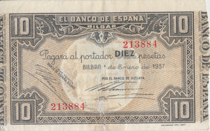 1937 10 PESTAS BANKNOTE SPAIN REF-1629 - WORLD BANKNOTES - Cambridgeshire Coins