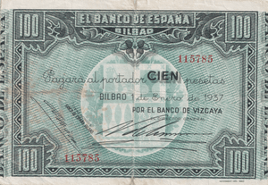 1937 100 PESTAS BANKNOTE SPAIN BILBAO REF-1644 - WORLD BANKNOTES - Cambridgeshire Coins