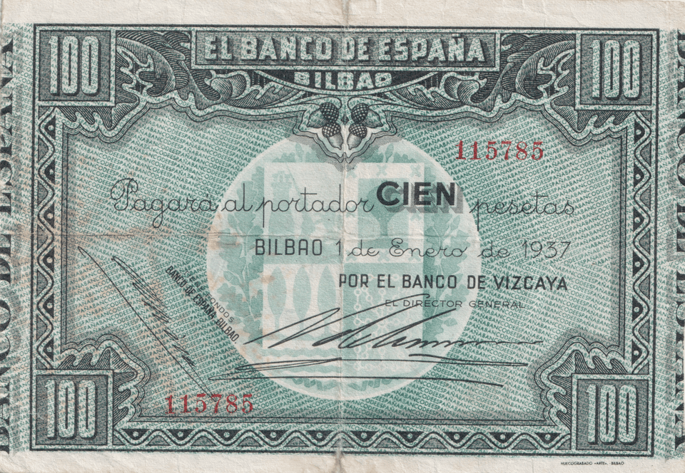 1937 100 PESTAS BANKNOTE SPAIN BILBAO REF-1644 - WORLD BANKNOTES - Cambridgeshire Coins