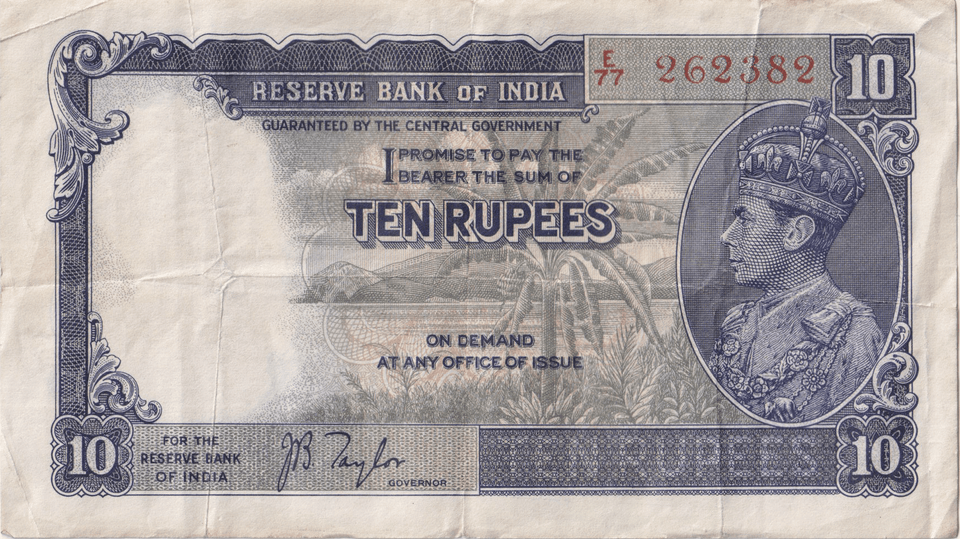 1937 - 38 TEN RUPEES BANKNOTE INDIA REF - 1608 - WORLD BANKNOTES - Cambridgeshire Coins
