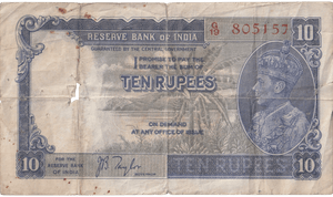 1937 - 38 TEN RUPEES BANKNOTE INDIA REF - 1609 - WORLD BANKNOTES - Cambridgeshire Coins