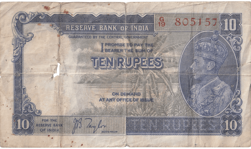 1937 - 38 TEN RUPEES BANKNOTE INDIA REF - 1609 - WORLD BANKNOTES - Cambridgeshire Coins