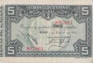 1937 5 PESTAS BANKNOTE SPAIN REF-1632 - WORLD BANKNOTES - Cambridgeshire Coins