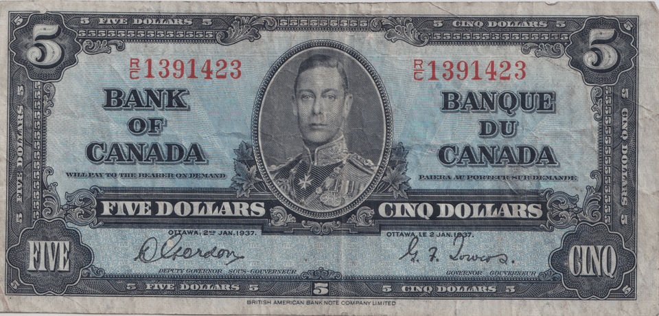 1937 FIVE DOLLARS CANADA BANKNOTE REF-1781 - WORLD BANKNOTES - Cambridgeshire Coins
