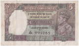 1937 FIVE RUPEES BANKNOTE INDIA REF - 1606 - WORLD BANKNOTES - Cambridgeshire Coins