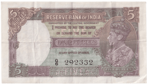 1937 FIVE RUPEES BANKNOTE INDIA REF - 1607 - WORLD BANKNOTES - Cambridgeshire Coins