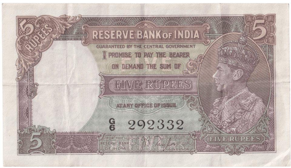 1937 FIVE RUPEES BANKNOTE INDIA REF - 1607 - WORLD BANKNOTES - Cambridgeshire Coins