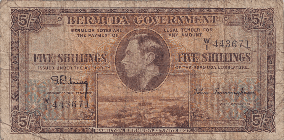 1937 FIVE SHILLINGS BERMUDA BANKNOTE REF-1763 - WORLD BANKNOTES - Cambridgeshire Coins