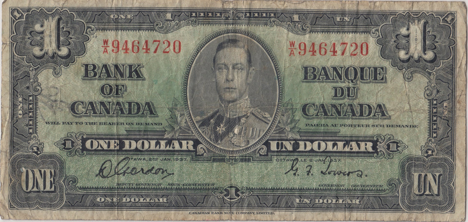 1937 ONE DOLLAR BANKNOTE CANADA REF 960 - WORLD BANKNOTES - Cambridgeshire Coins