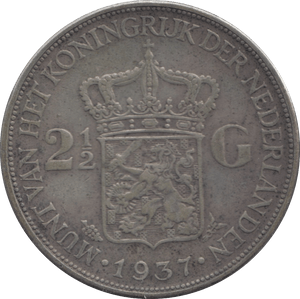 1937 SILVER 2 1/2 GUILDER NETHERLANDS - SILVER WORLD COINS - Cambridgeshire Coins
