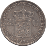 1937 SILVER 2 1/2 GUILDER NETHERLANDS - SILVER WORLD COINS - Cambridgeshire Coins