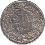 1937 SILVER SWITZERLAND 2 FRANC - SILVER WORLD COINS - Cambridgeshire Coins