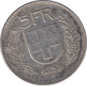 1937 SILVER SWITZERLAND 5 FRANC - SILVER WORLD COINS - Cambridgeshire Coins
