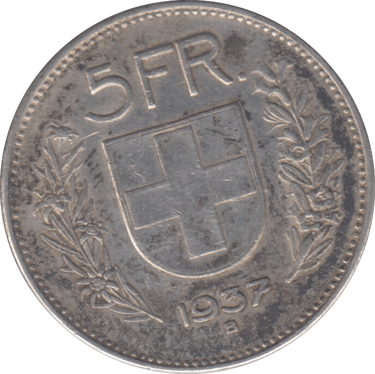 1937 SILVER SWITZERLAND 5 FRANC - SILVER WORLD COINS - Cambridgeshire Coins