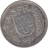 1937 SILVER SWITZERLAND 5 FRANC - SILVER WORLD COINS - Cambridgeshire Coins