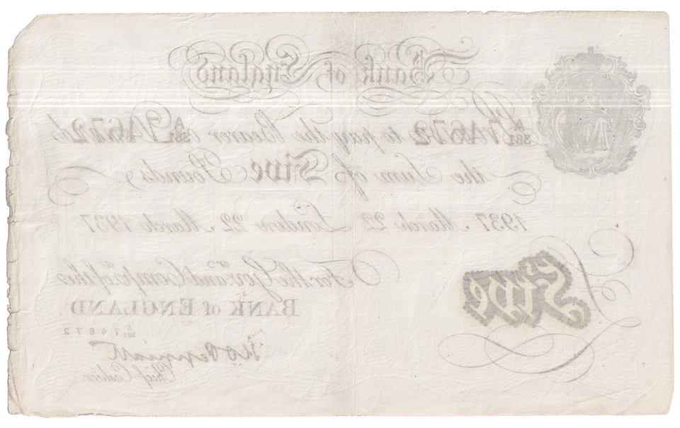 1937 WHITE FIVE POUND NOTE MARCH 22ND LONDON BANK OF ENGLAND PEPPIATT OPERATION BERNHARD B4 - £5 - £5 BANKNOTES WHITE - Cambridgeshire Coins
