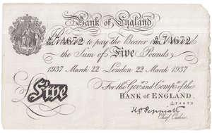 1937 WHITE FIVE POUND NOTE MARCH 22ND LONDON BANK OF ENGLAND PEPPIATT OPERATION BERNHARD B4 - £5 - £5 BANKNOTES WHITE - Cambridgeshire Coins
