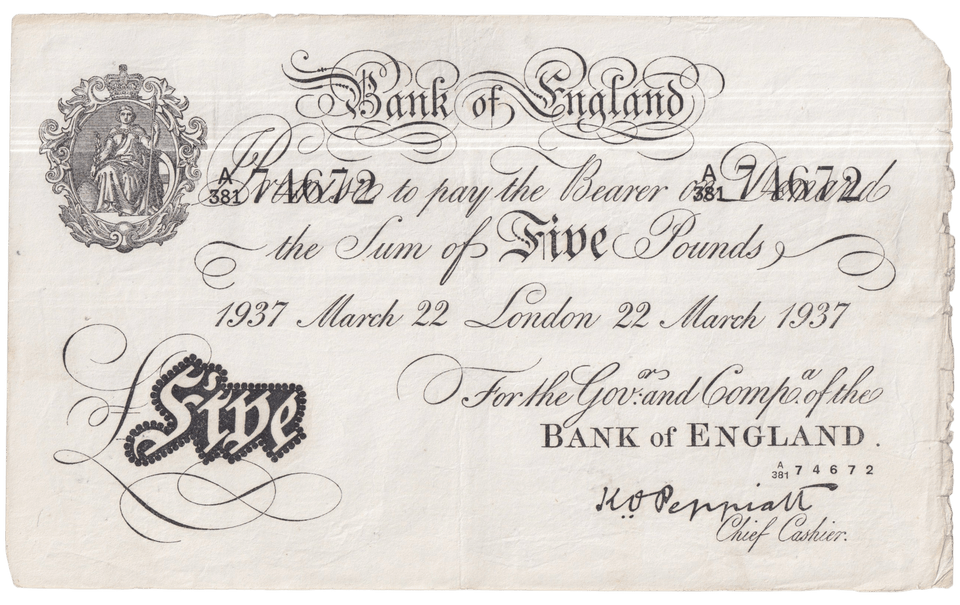 1937 WHITE FIVE POUND NOTE MARCH 22ND LONDON BANK OF ENGLAND PEPPIATT OPERATION BERNHARD B4 - £5 - £5 BANKNOTES WHITE - Cambridgeshire Coins