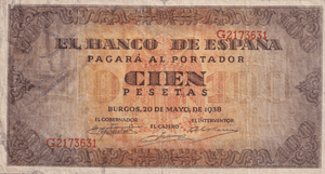 1938 100 PESTAS BANKNOTE SPAIN REF-1643 - WORLD BANKNOTES - Cambridgeshire Coins