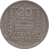 1938 20 FRANCS FRANCE - WORLD COINS - Cambridgeshire Coins