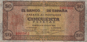 1938 50 PESTAS BANKNOTE SPAIN REF-1642 - WORLD BANKNOTES - Cambridgeshire Coins