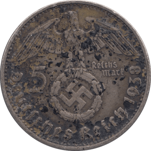 1938 GERMANY SILVER 5 REICH MARK - SILVER WORLD COINS - Cambridgeshire Coins