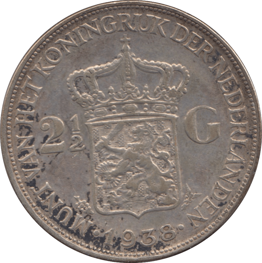 1938 SILVER 2 1/2 GUILDER NETHERLANDS - SILVER WORLD COINS - Cambridgeshire Coins