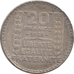 1938 SILVER 20 FRANCS FRANCE 3 - SILVER WORLD COINS - Cambridgeshire Coins